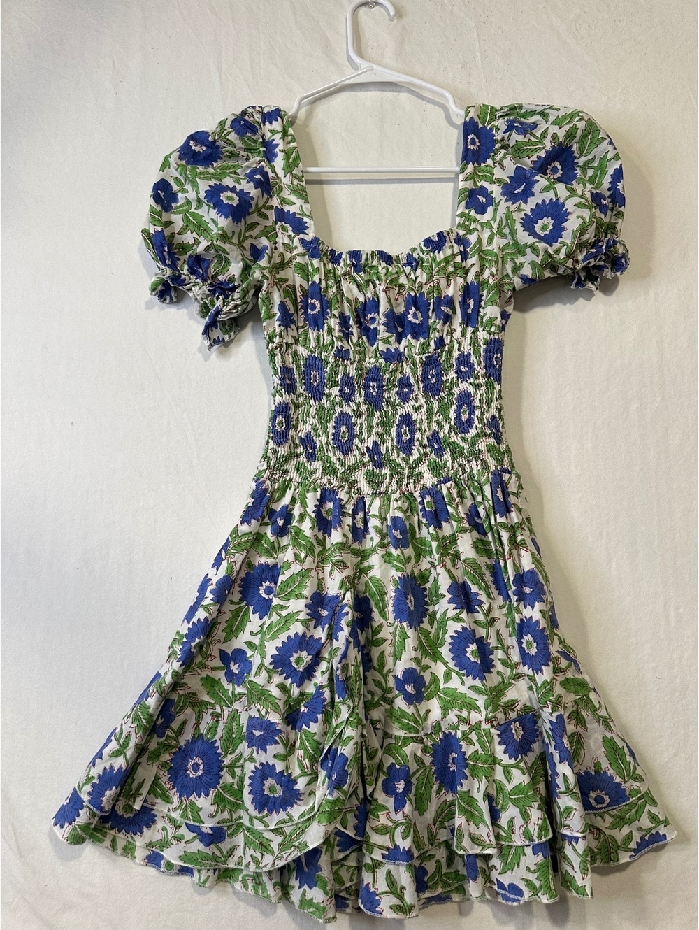 Mary Marshmallow Blue Floral Smocked Puff Sleeve Ruffle Mini Dress XS